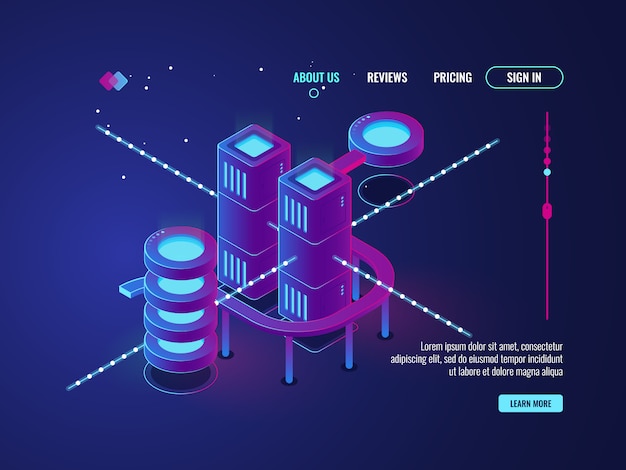 Vector gratuito ciudad inteligente, sala de servidores, icono de base de datos del centro de datos, redes y procesamiento de datos