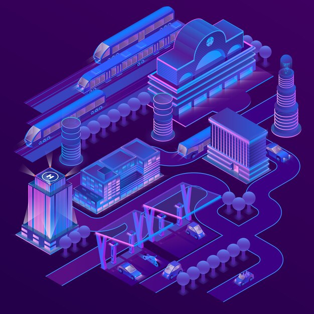 Ciudad isométrica 3d en colores ultravioleta con edificios modernos, rascacielos, estación de tren