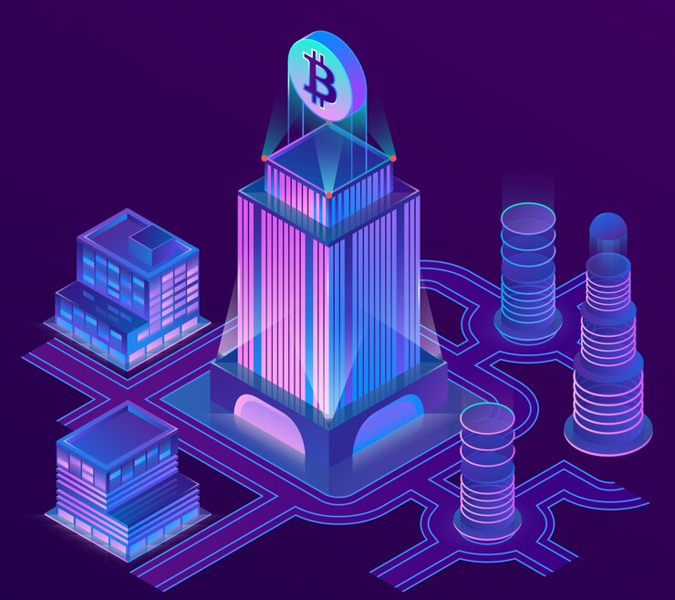 Vector gratuito ciudad isométrica 3d en colores ultravioletas con bitcoin encima del rascacielos.