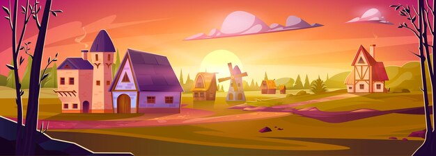 Ciudad medieval de dibujos animados al atardecer Ilustración vectorial de antiguas casas de piedra y molino en estilo europeo campo verde piedras de bosque de pinos cerca del sendero sol bajando en el horizonte Fondo de juego agrícola