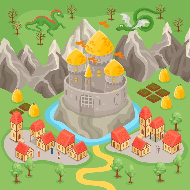 Ciudad medieval de fantasía y dragones volando sobre el castillo