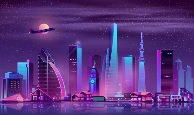 Ciudad moderna en el fondo de vector de dibujos animados de noche