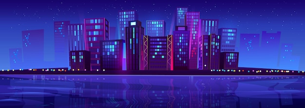 Vector gratuito ciudad moderna de la noche cerca de las luces de neón del río.