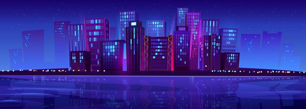 Ciudad moderna de la noche cerca de las luces de neón del río.