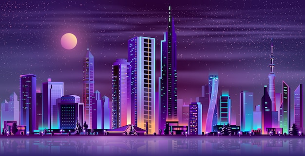 Ciudad moderna noche paisaje neón dibujos animados