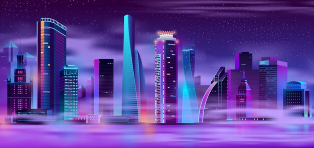 Ciudad de noche en fondo urbano de niebla