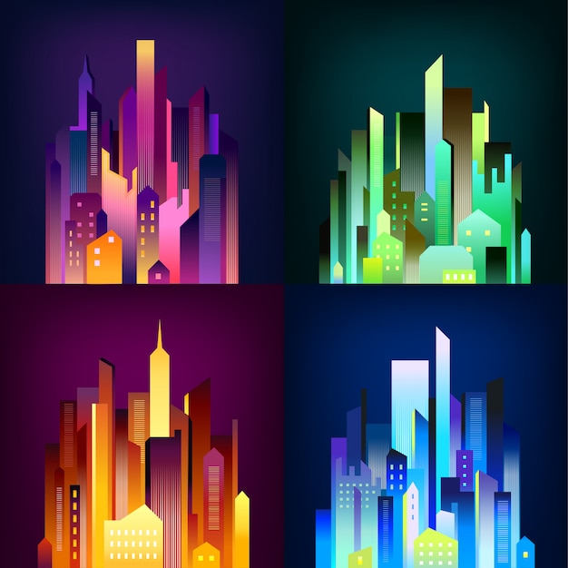 Vector gratuito ciudad de noche iluminada 4 iconos cartel