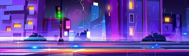 Vector gratuito ciudad por la noche bajo la lluvia con truenos y relámpagos paisaje urbano vectorial de dibujos animados de la calle de la ciudad con rascacielos con luces de neón brillantes y letreros de carretera con luz de alta velocidad en mal tiempo tormentoso