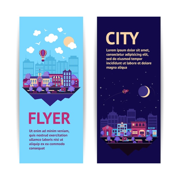 Ciudad noche scape noche y día ciudad arquitectura vertical bandera conjunto aislado ilustración vectorial