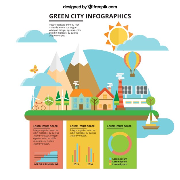 ciudad orgánica plana con elementos infográficos