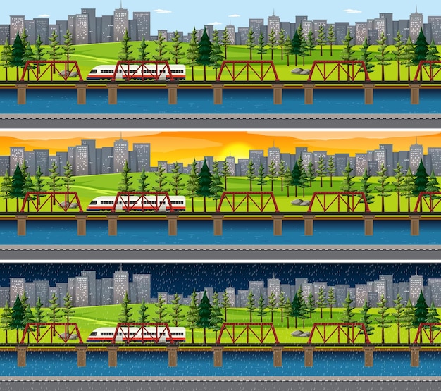 Vector gratuito ciudad con paisaje natural en diferentes momentos del día.