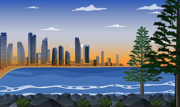 Vector gratuito ciudad de playa al fondo del amanecer