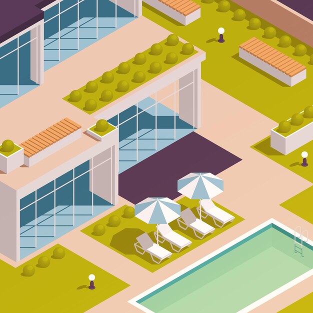 Ciudad urbana espacios verdes diseño ecológico composición coloreada isométrica con hermosa casa de campo con áreas verdes e ilustración vectorial de césped