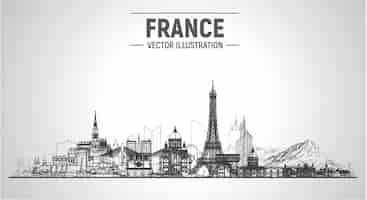 Vector gratuito ciudades de francia parís mont blanc chambord mont saint michel y otra ilustración de vector de horizonte de línea en fondo blanco concepto de viajes de negocios y turismo con famosos monumentos de francia