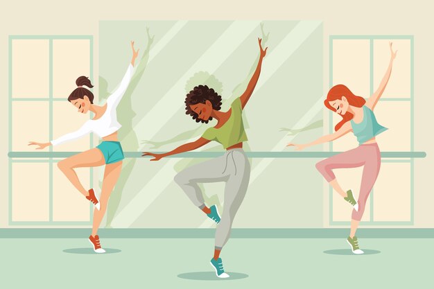 Clase ilustrada de baile y fitness.