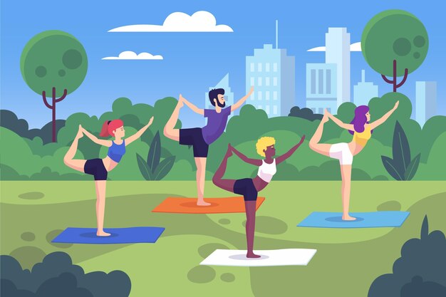 Clase de yoga al aire libre ilustrada