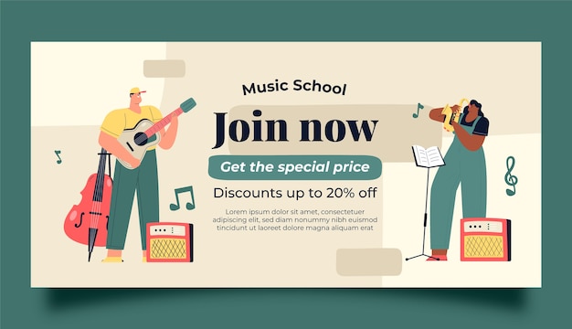 Vector gratuito clases de escuela de música plana y plantilla de banner de venta horizontal de educación