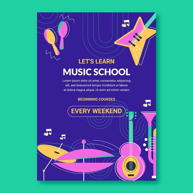 Clases de escuela de música plana y plantilla de póster vertical de educación