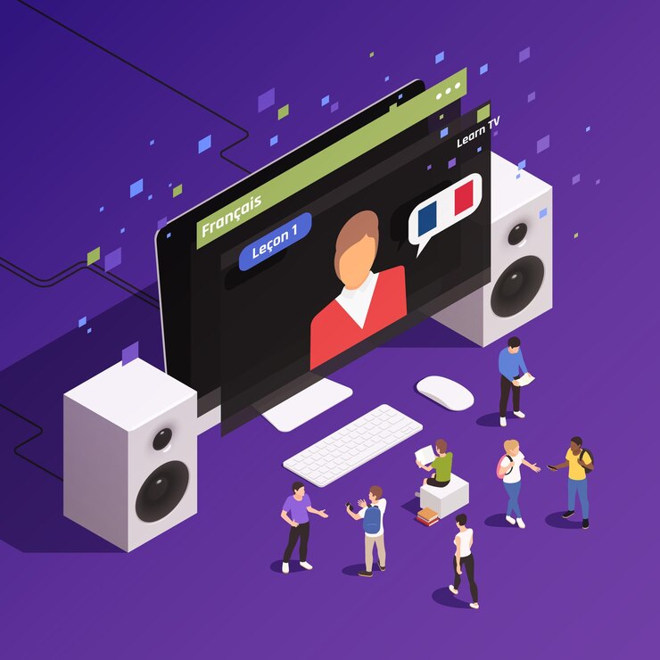 Vector gratuito clases de idiomas en línea con la voz de hablantes nativos de composición isométrica con un tutor de francés en un monitor de escritorio