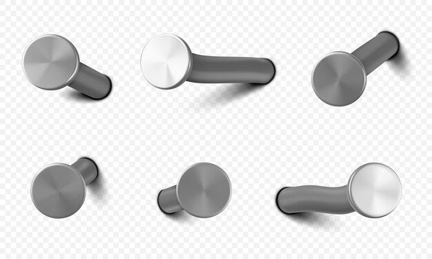 Clavos clavados en la pared de acero o cabezas de alfiler plateadas
