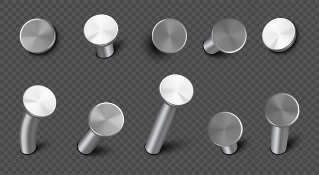 Clavos de hierro clavados en la pared, púas de acero rectas y dobladas con cabeza circular. conjunto realista de pasadores de metal, clavos de hardware, herramientas de carpintería y construcción aisladas sobre fondo transparente
