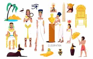 Vector gratuito cleopatra conjunto plano de símbolos culturales del antiguo egipto así como obelisco que todos ven dioses oculares ilustración vectorial aislada