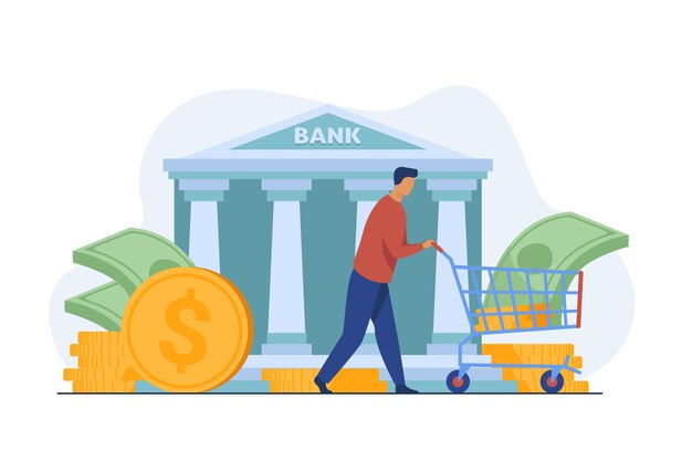Cliente bancario obteniendo préstamo. Carro de ruedas de hombre con ilustración de vector plano de efectivo. Finanzas, dinero, banca, servicio