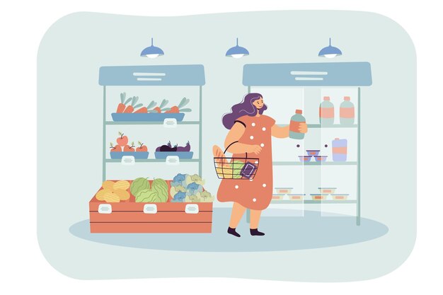 Cliente femenino de dibujos animados eligiendo productos en el supermercado