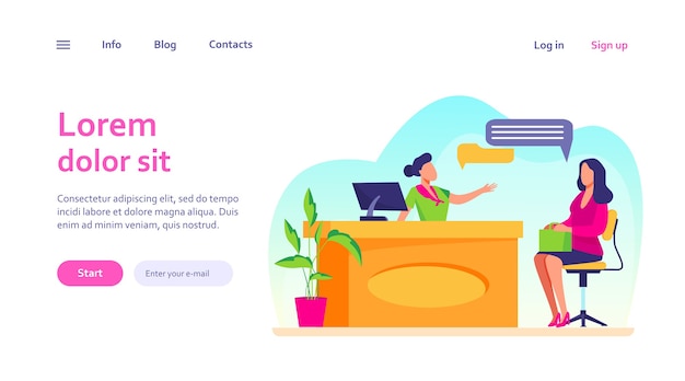 Vector gratuito cliente y gerente hablando en la recepción. plantilla web clínica, consulta, reserva.