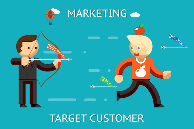 Cliente objetivo de marketing. Mercado y éxito, consumismo y estrategia, solución, mejor precio.