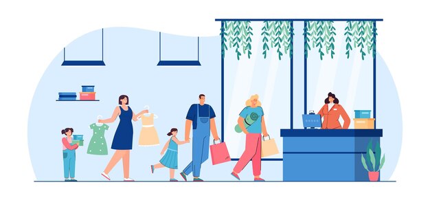 Cliente de pie en línea en la ilustración de vector plano de tienda. Hombres, mujeres y niños esperando en cola para pagar la compra, comprando ropa y vestidos nuevos. Compras familiares, concepto de centro comercial