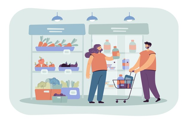 Clientes alegres de compras en el supermercado con carro aislado ilustración plana. Ilustración de dibujos animados