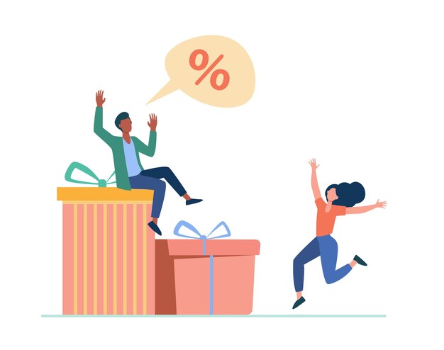 Clientes celebrando la temporada de descuentos. Pareja bailando en cajas de regalo, ilustración plana de signo de porcentaje.