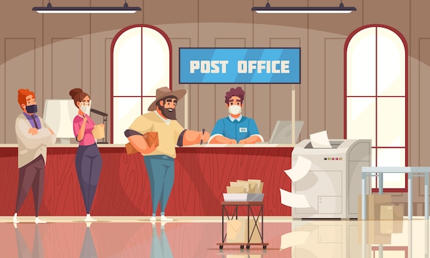 Vector gratuito los clientes de la composición de dibujos animados del interior de la oficina de correos hacen cola esperando al empleado del mostrador