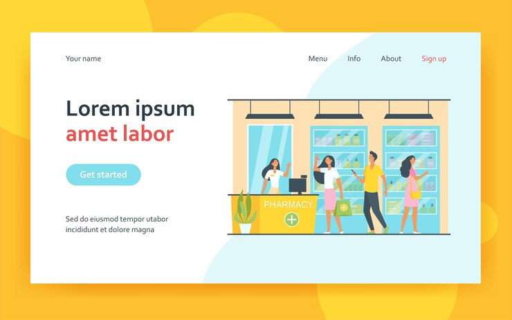 Vector gratuito clientes y farmacéutico en la página de inicio de la tienda de farmacia