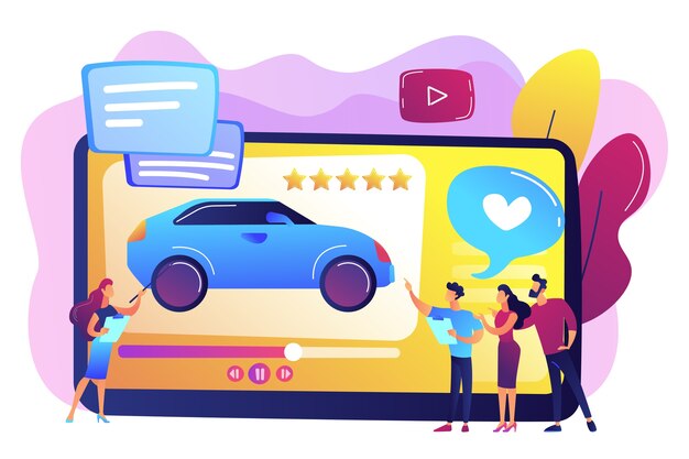 A los clientes les gustan los videos con expertos y la revisión de autos modernos con estrellas de calificación. Video de revisión de autos, canal de prueba de manejo, concepto de publicidad en video automático. Ilustración aislada violeta vibrante brillante