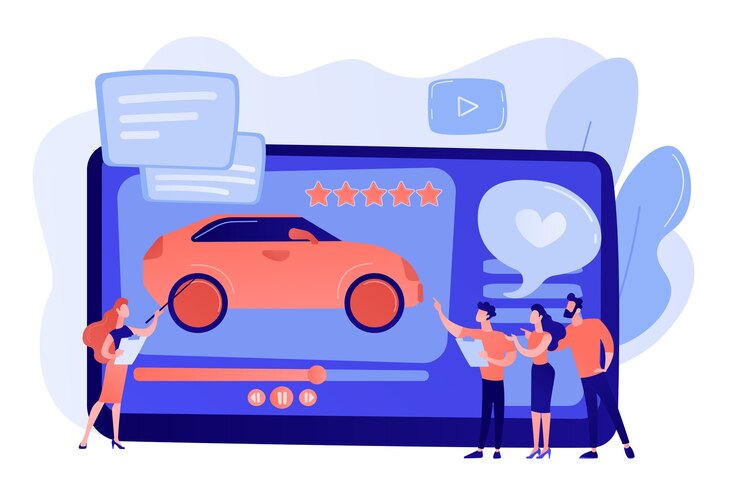 Vector gratuito a los clientes les gustan los videos con expertos y la revisión de autos modernos con estrellas de calificación. video de revisión de autos, canal de prueba de manejo, concepto de publicidad en video automático