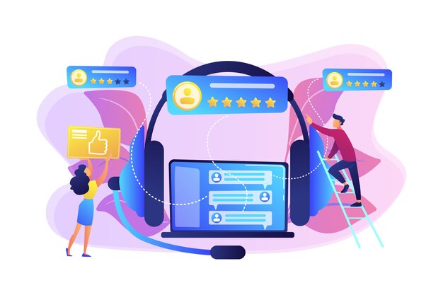 Clientes en laptop y audífonos dando pulgar hacia arriba, calificando estrellas. Comentarios de los clientes, comentarios de la calificación del cliente, concepto de gestión de relaciones con el cliente.