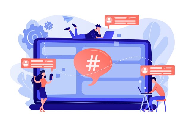 Los clientes pequeños reciben mensajes del servicio de microblogging. Plataforma de microblogs, mercado de microblogging, ilustración de concepto de servicio de marketing de microblog
