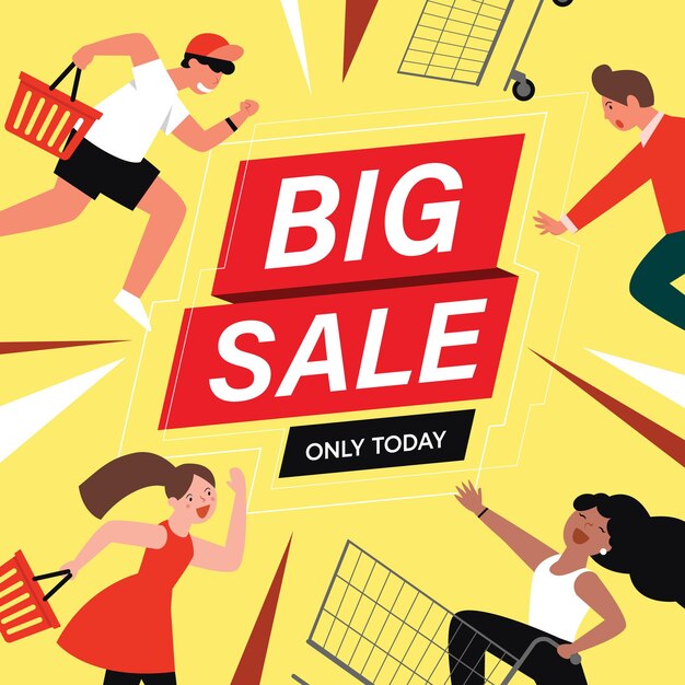 Clientes de personajes planos de dibujos animados en grandes ventas, concepto de compras.