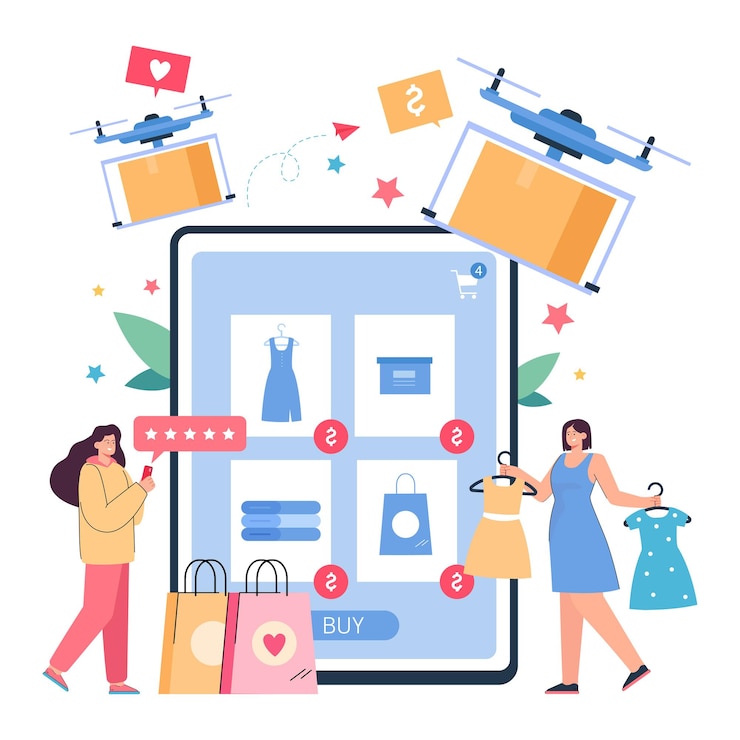 Vector gratuito clientes que usan aparatos digitales para comprar en línea en ventas. drones profesionales entregando paquetes de tiendas de internet a usuarias ilustración vectorial plana. entrega, concepto de comercio electrónico