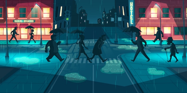 Vector gratuito clima lluvioso en vector de calles de la ciudad de noche