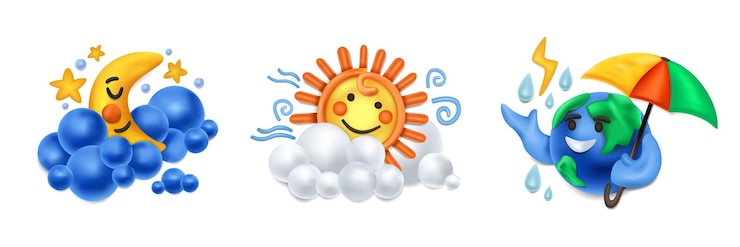 Vector gratuito clima de plastilina realista con tres composiciones aisladas de iconos en forma de burbuja de sol, luna y nube, ilustración vectorial
