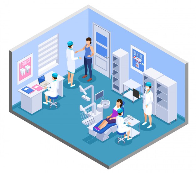 Clínica dental práctica oficina composición isométrica interior con dentista asistentes médicos muebles para equipos de tratamiento de pacientes