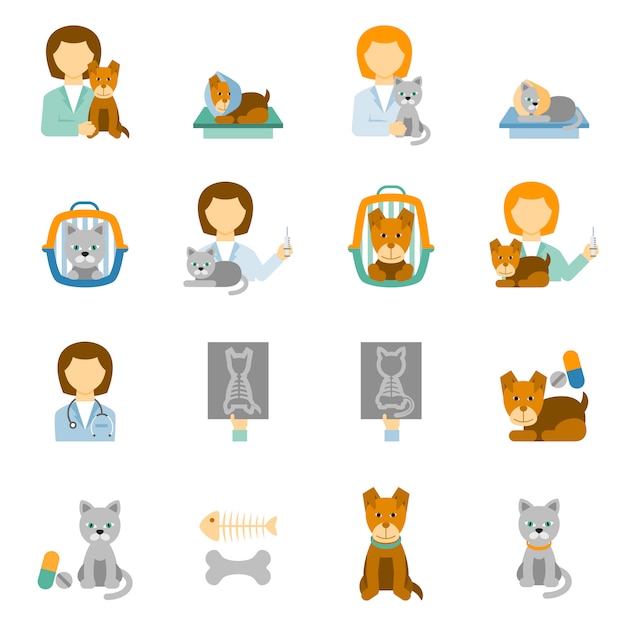 Vector gratuito clínica veterinaria práctica iconos planos establecidos