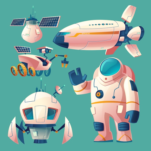 Clipart con objetos para exploración espacial, astronauta en traje espacial, móvil, lanzadera