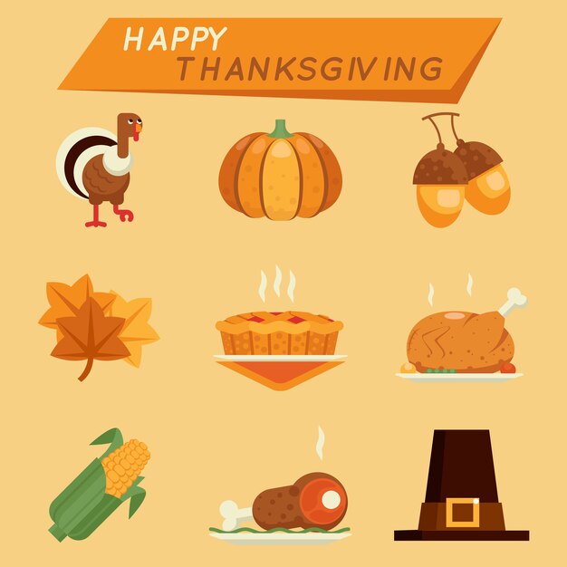 Clipart plano de acción de gracias. Pavo y calabaza, bellota y bizcocho