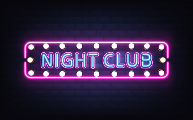 Vector gratuito club nocturno, discoteca o pub con luz de neón brillante, letrero retro en la pared de ladrillo vector realista en 3d con letras azules, bombillas blancas y violeta, iluminación fluorescente rosa