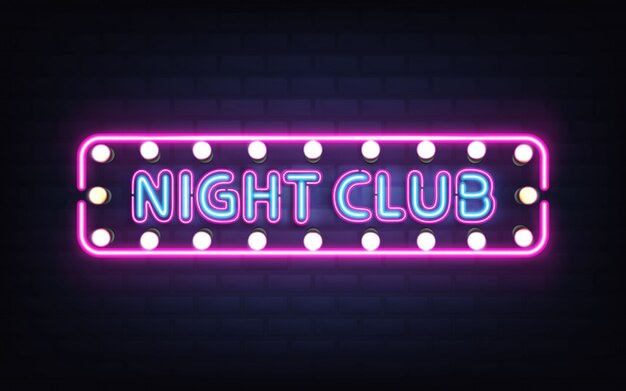 Club nocturno, discoteca o pub con luz de neón brillante, letrero retro en la pared de ladrillo vector realista en 3D con letras azules, bombillas blancas y violeta, iluminación fluorescente rosa