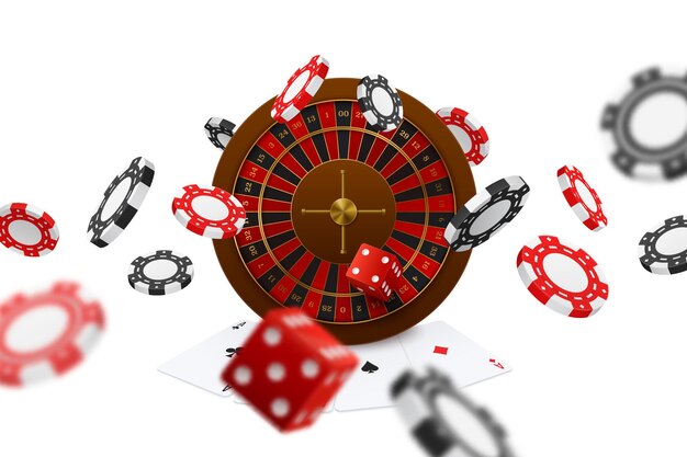 Clubes de póquer flotante fichas de dados ruleta jugando a las cartas ases closeup composición de publicidad de juegos en línea realista